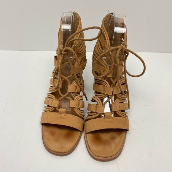 Vince Camuto | Kaiann Tan Suede Leather Lace Up Cut Out Block Heel Sandals - Picture 2 of 11